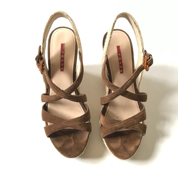 Prada Suede Cork Wedge Heels Sandals Womens 37 7 Brown Tan Platform Buckle Shoes - Picture 3 of 9